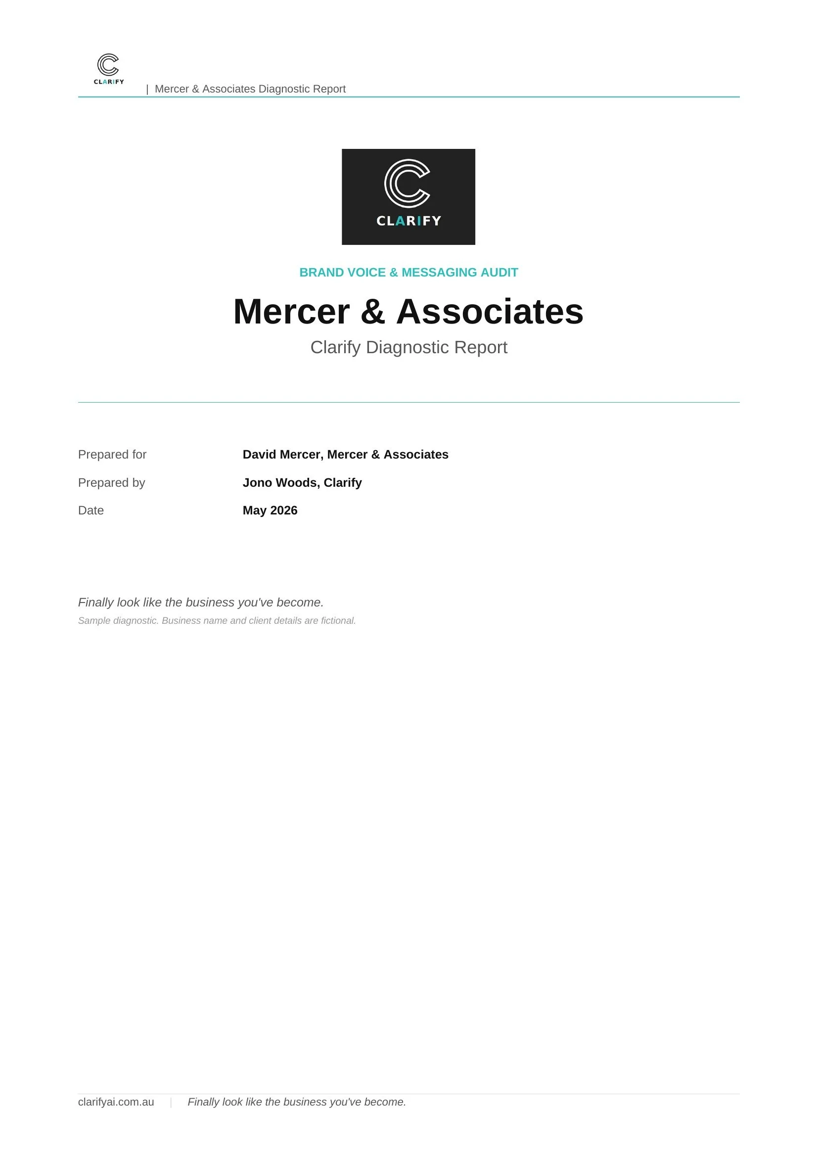 Cover page of a diagnostic report with the title 'Mercer & Associates Clarify Diagnostic Report'. It features the Clarify logo and text indicating it is for brand voice and messaging audit. The report is prepared for David Mercer, Mercer & Associates, by Jono Woods, Clarify, dated May 2026.