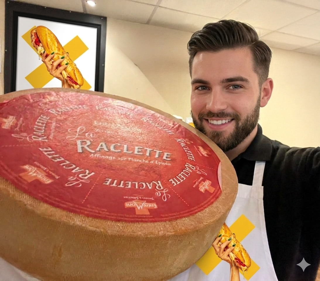 A smiling man taking a selfie, holding a large wheel of Raclette cheese in front of him. In the background, there is a poster of a hot dog.