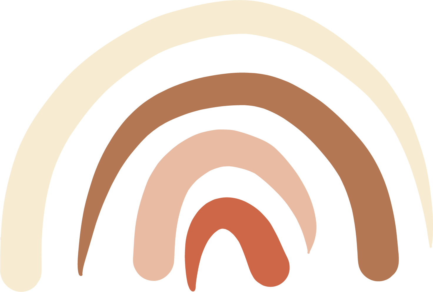 A multicolored abstract rainbow with five arch shapes in beige, black, brown, pink, and terracotta against a black background.