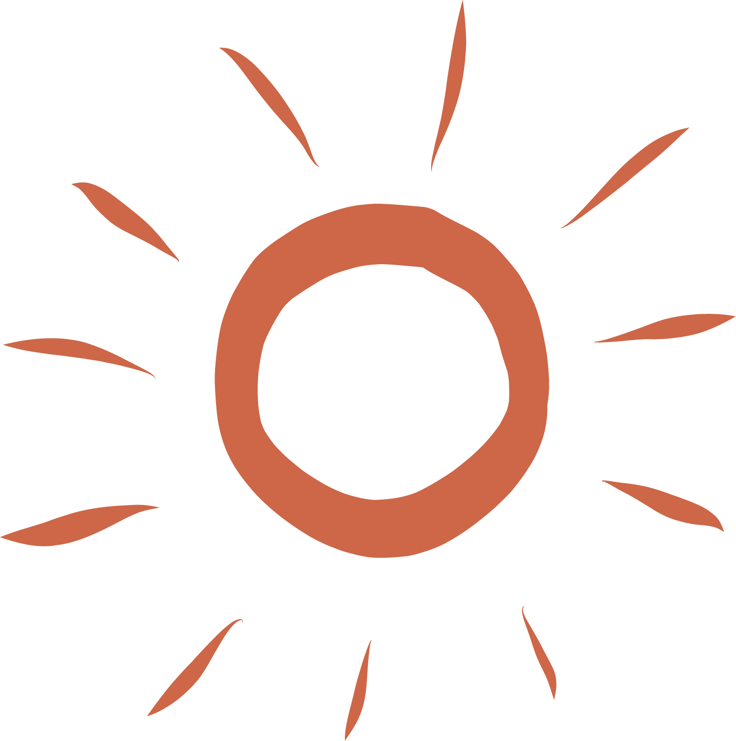 Stylized sun with a broad orange circle for the sun's core, surrounded by long, pointed rays extending outward against a black background.
