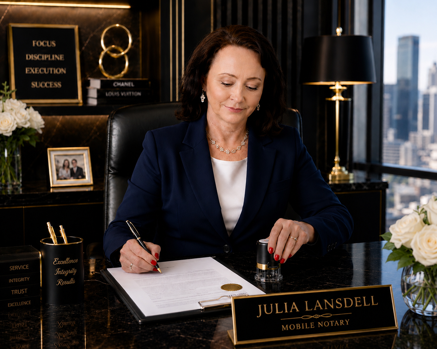 Julia Lansdell at her desk, completing a notarization.