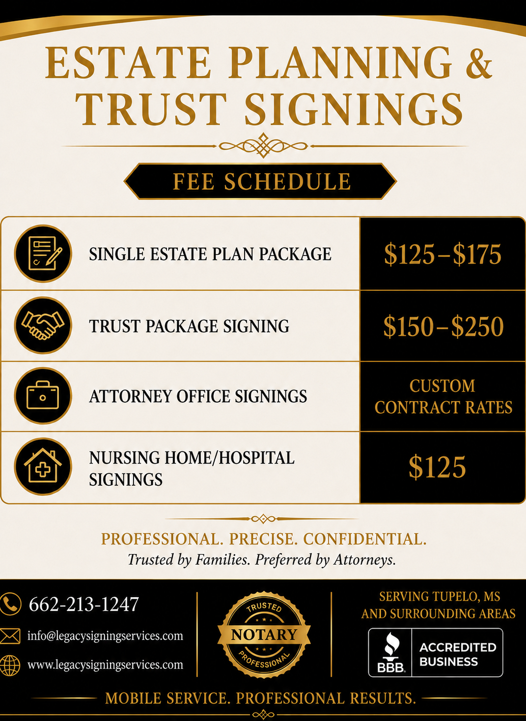 A flyer for estate planning and trust signing services with fee details. It includes icons for different services, prices, contact information, and a Notary badge. Rates for attorneys.
