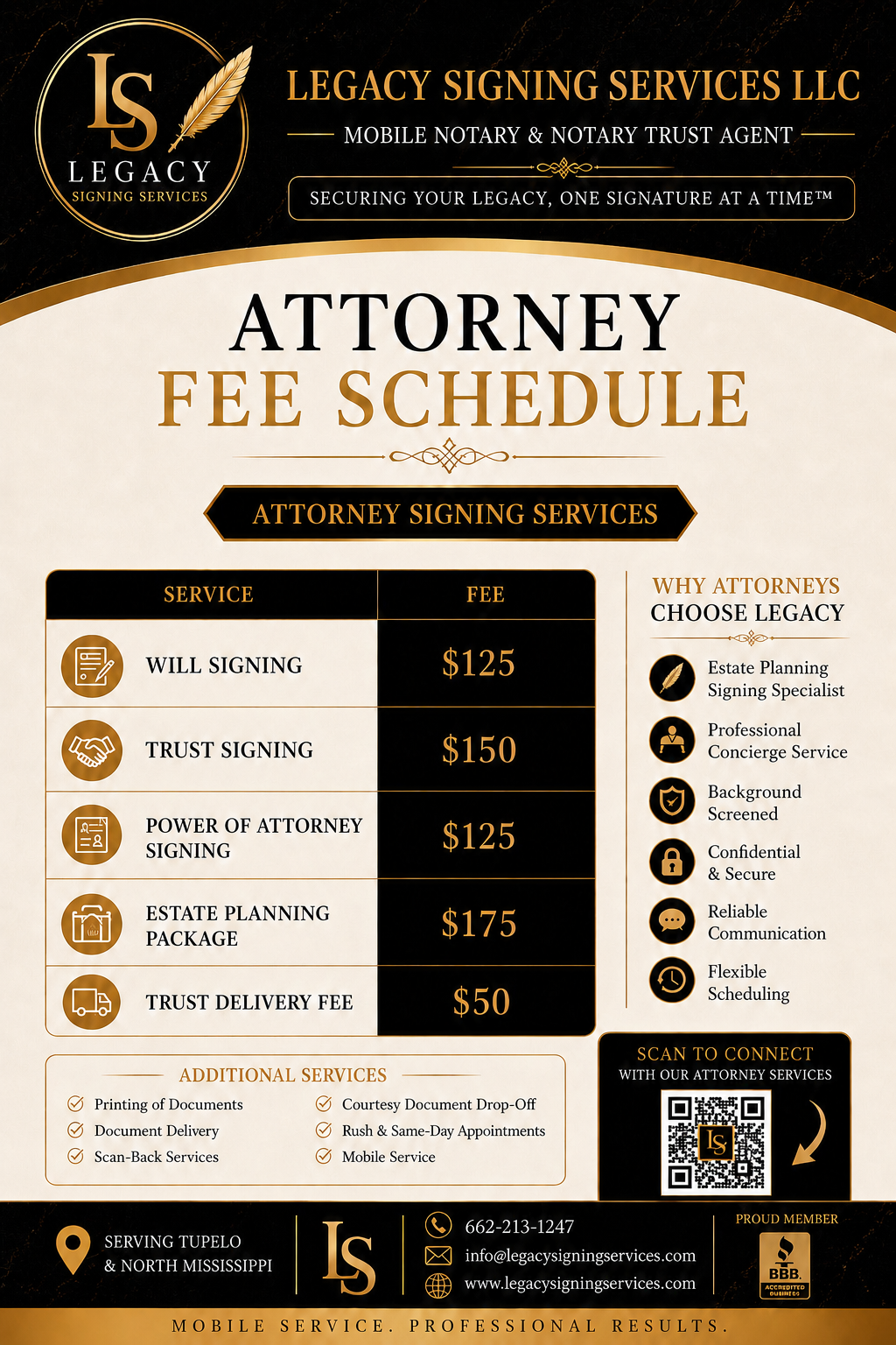 Attorney fee schedule flyer for Legacy Signing Services LLC, listing fees for will signing, trust signing, power of attorney signing, estate planning package, and trust delivery; includes additional services like document printing, delivery, scan-back, courtesy drop-off, rush and same-day appointments, mobile service; contact info, QR code for connecting, service area in Tupelo and North Mississippi.