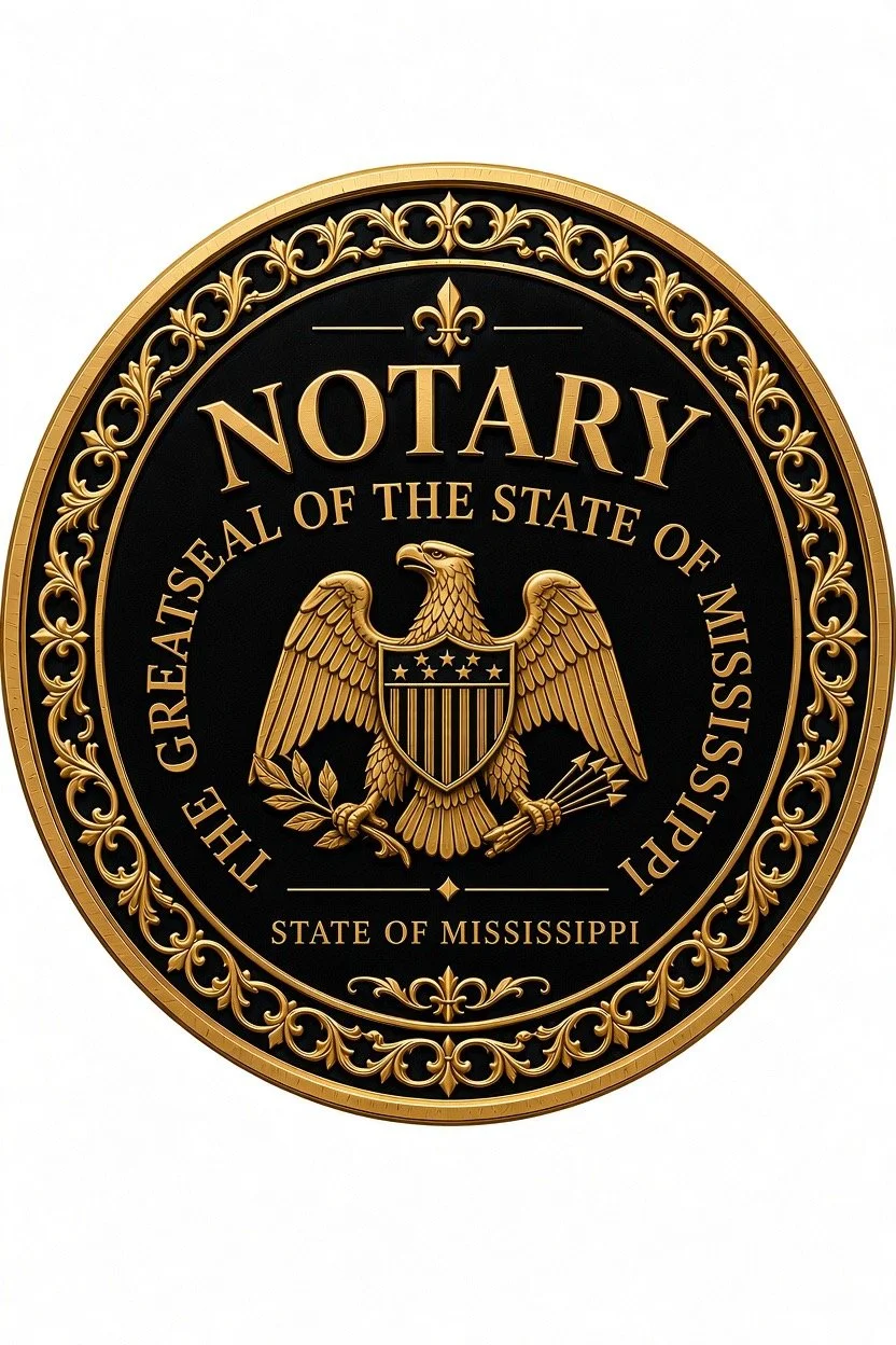 The Great Seal of the State of Mississippi with the word 'NOTARY' at the top, and a gold and black design featuring an eagle and shield, surrounded by ornate gold filigree.