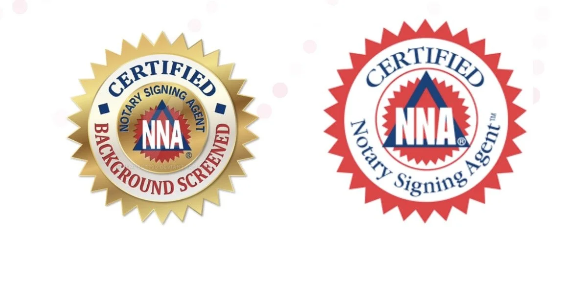 Two certification badges with the NNA logo, one gold with red and white text, one red with white and blue text, both indicating notarization services. Credential from National Notary Association 
credentials at Legacy Signing Services LLC in Tupelo.