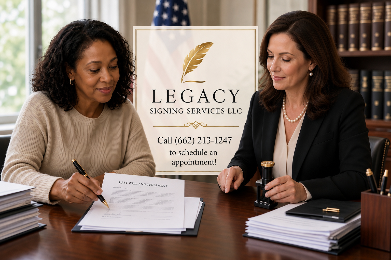 Two women in an office, one signing a last will and testament, with a sign behind them that reads 'Legacy Signing Services LLC, call (662) 213-1247 to schedule an appointment.'
