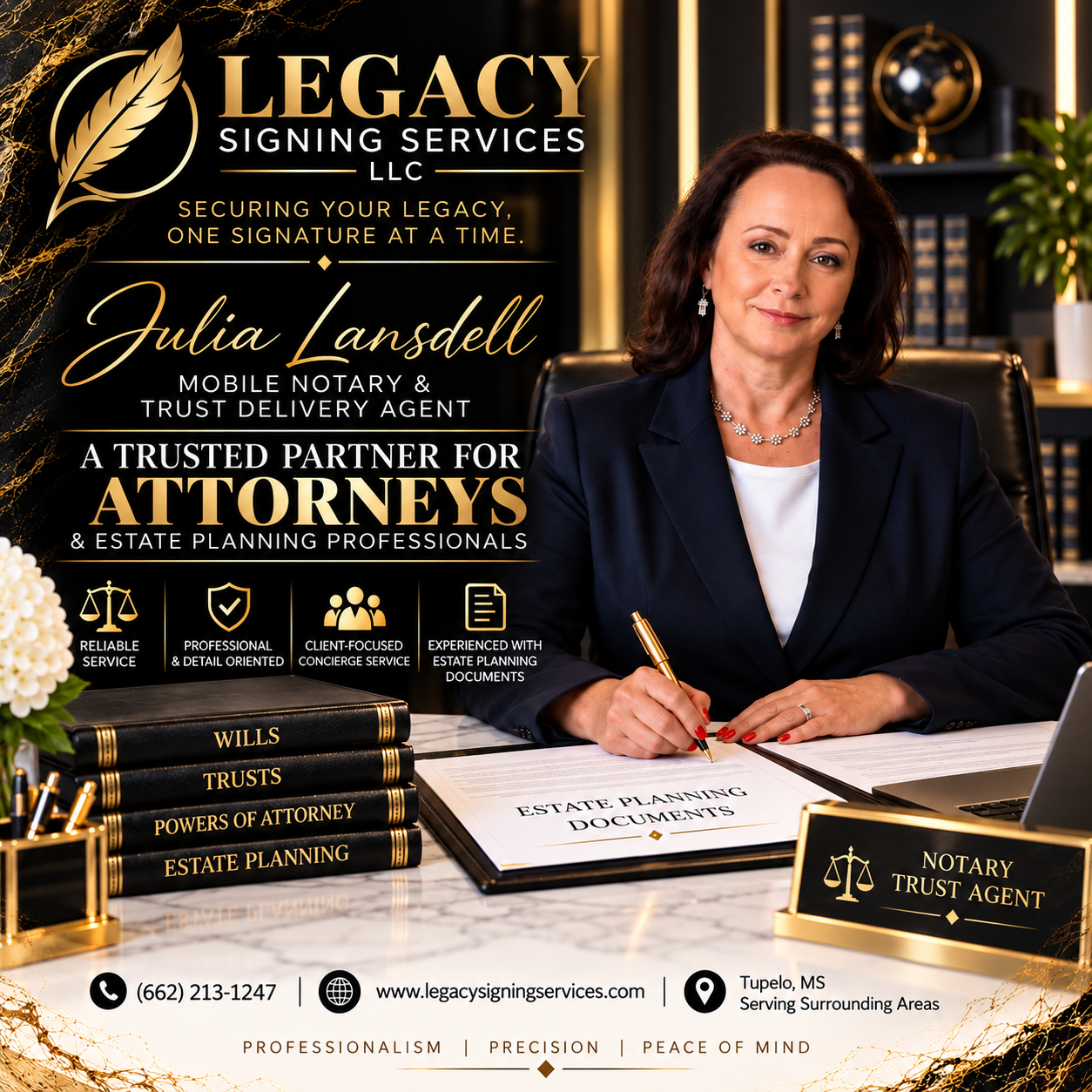 Businesswoman Julia Lansdell  at a desk with estate planning documents, promotional text for Legacy Signing Services LLC, highlighting services for attorneys and estate planning professionals.
