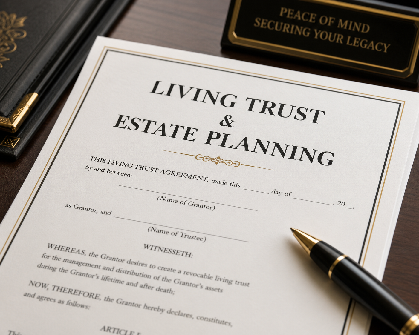 Close-up of a living trust and estate planning document on a desk, accompanied by a black and gold pen. at legacysigningservices.com
