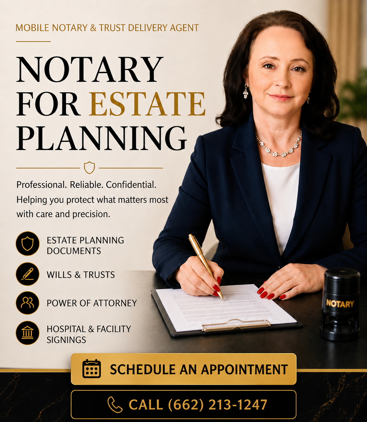 A woman in professional attire sitting at a desk with paperwork, promoting notary services for estate planning, including estate documents, wills and trusts, power of attorney, and hospital facility signings at legacysigningservices.com