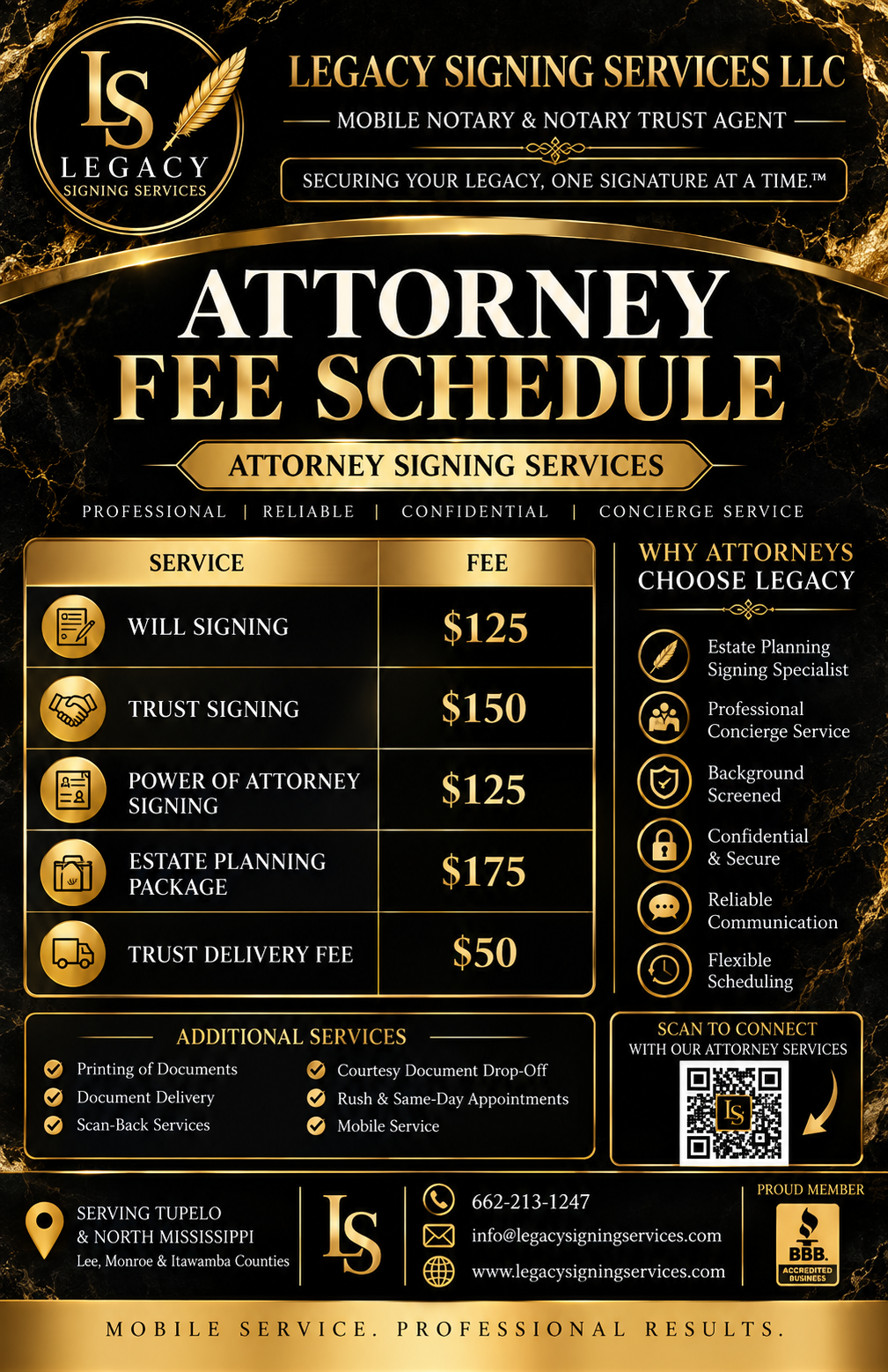 A flyer for Legacy Signing Services LLC, offering attorney fee schedule and legal signing services, with pricing, benefits, and contact information. Rates.