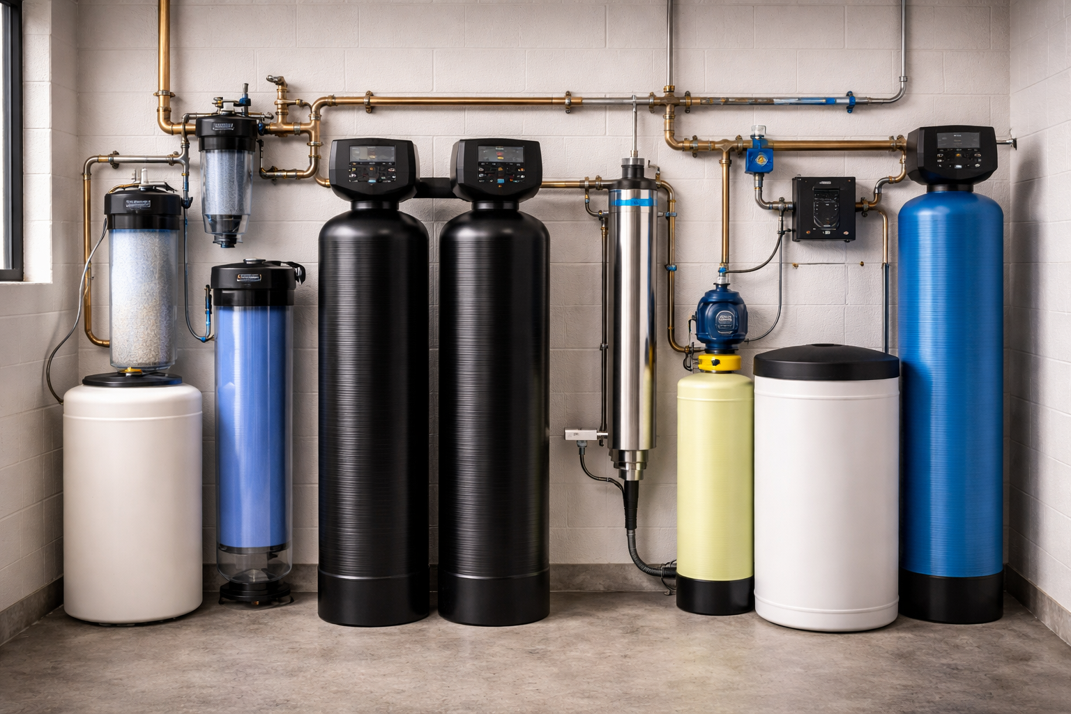 A water filtration system with multiple black, blue, yellow, white, and stainless steel components connected by copper and plastic pipes installed against a white brick wall.