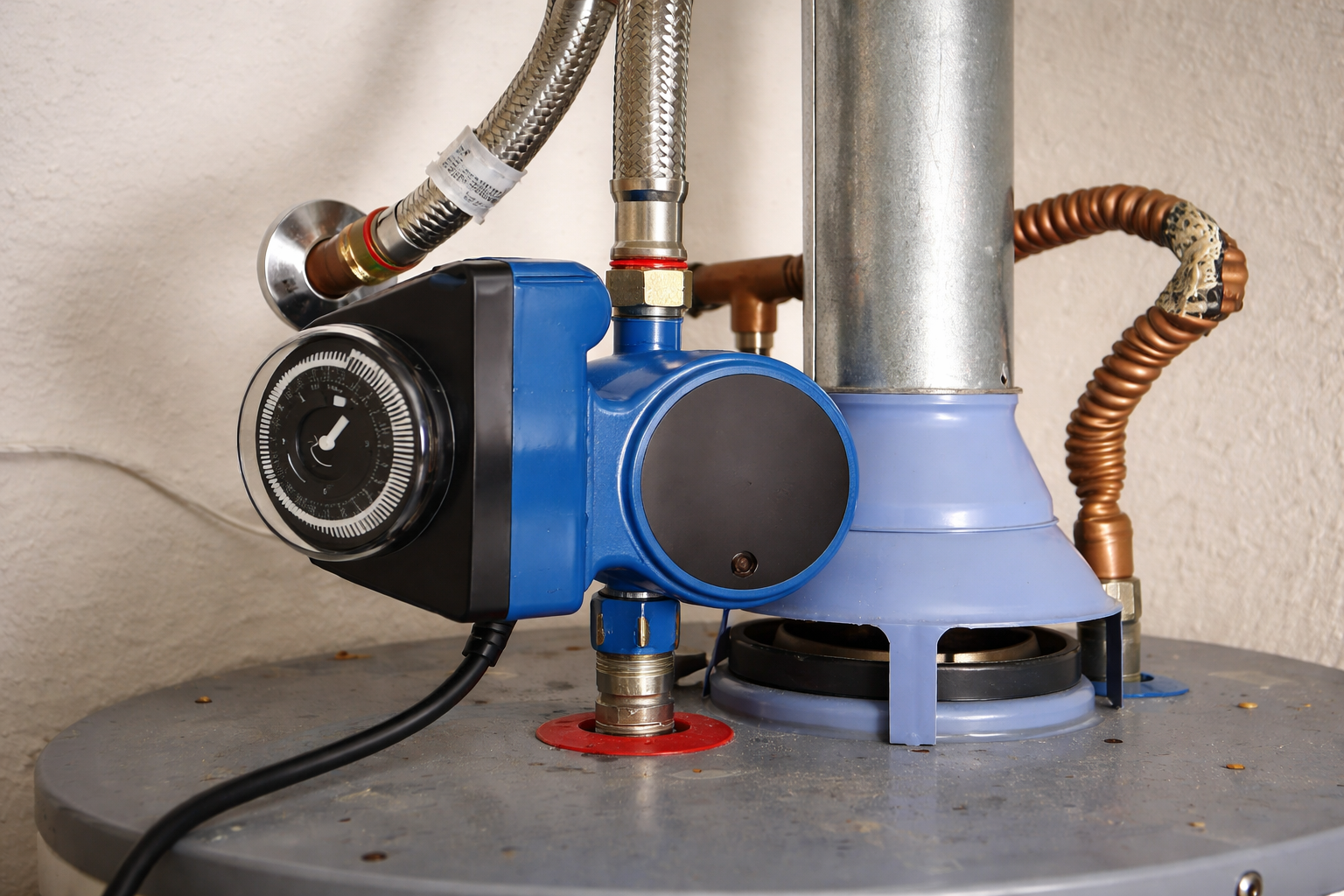 Close-up view of a blue oil burner pump with attached pipes and a black pressure gauge on a metal surface.