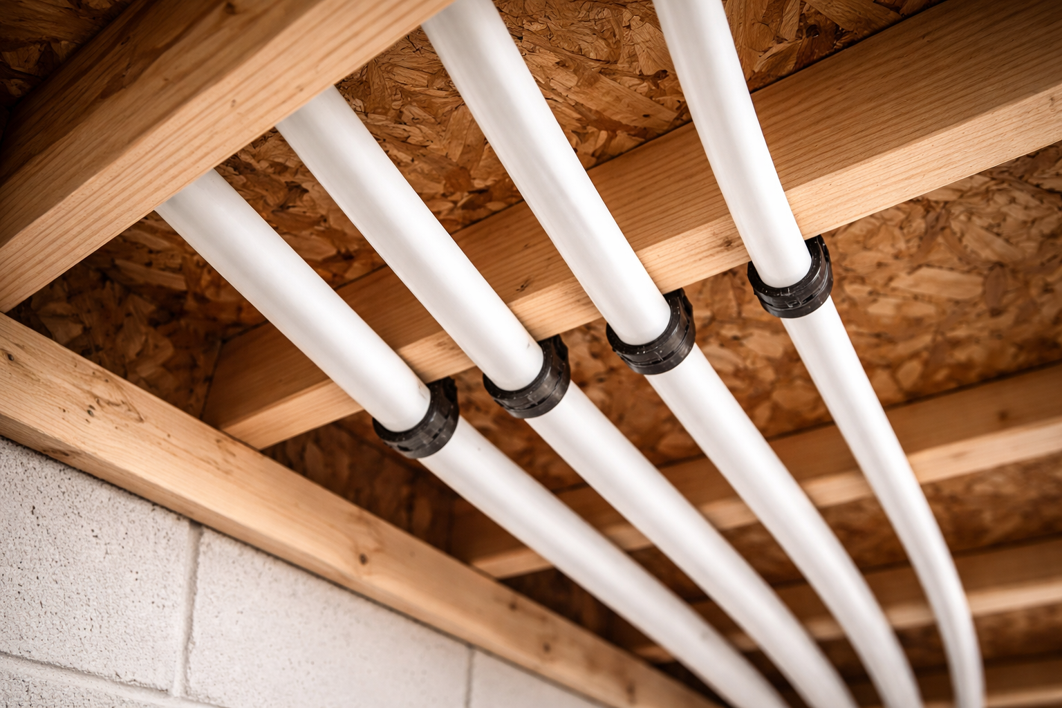 Four white PVC pipes installed in ceiling with wood framing and OSB sheathing, connected with black couplings.
