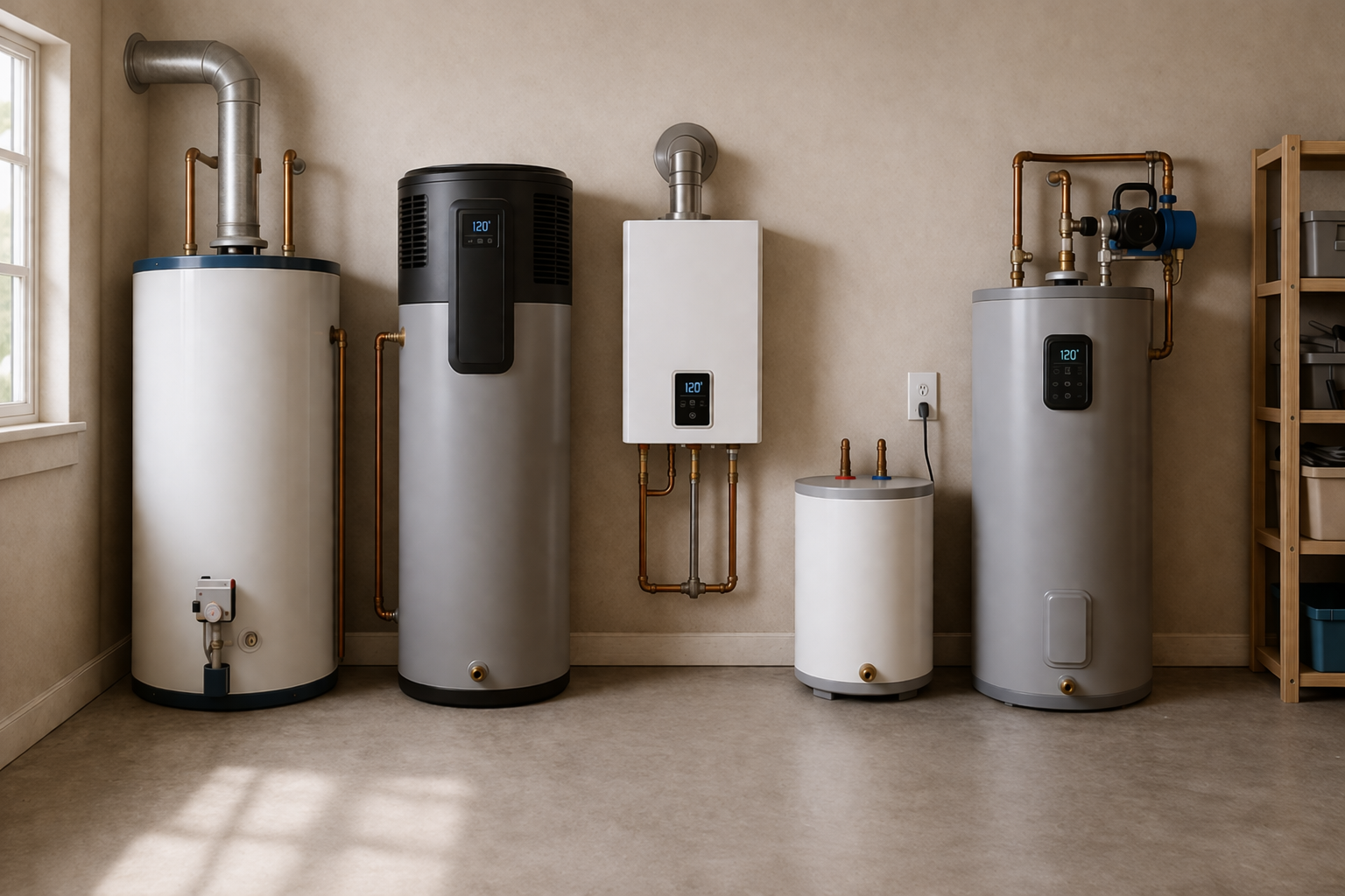 Room with multiple water heaters and a small storage tank, clean and organized.