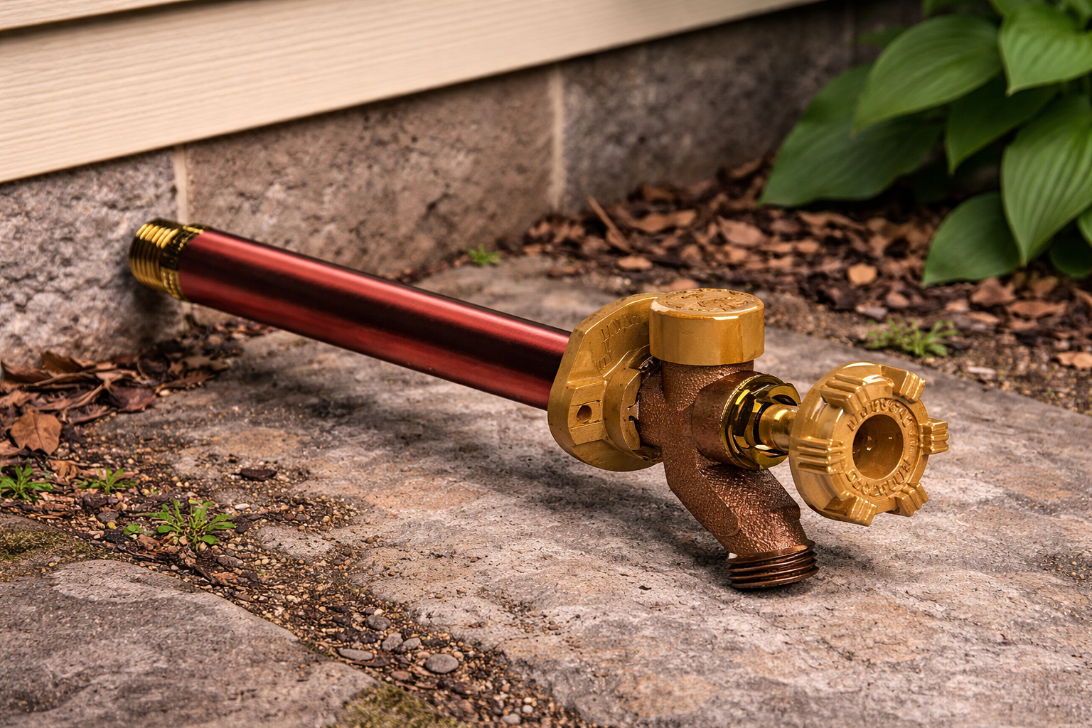 Outdoor fire hose nozzle with red and gold color, lying on stone pavement next to garden along a brick wall and green plants.