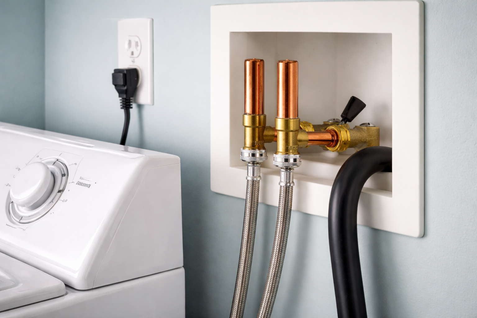 Washing machine with plumbing connections in laundry room, next to electrical outlet with power cord.