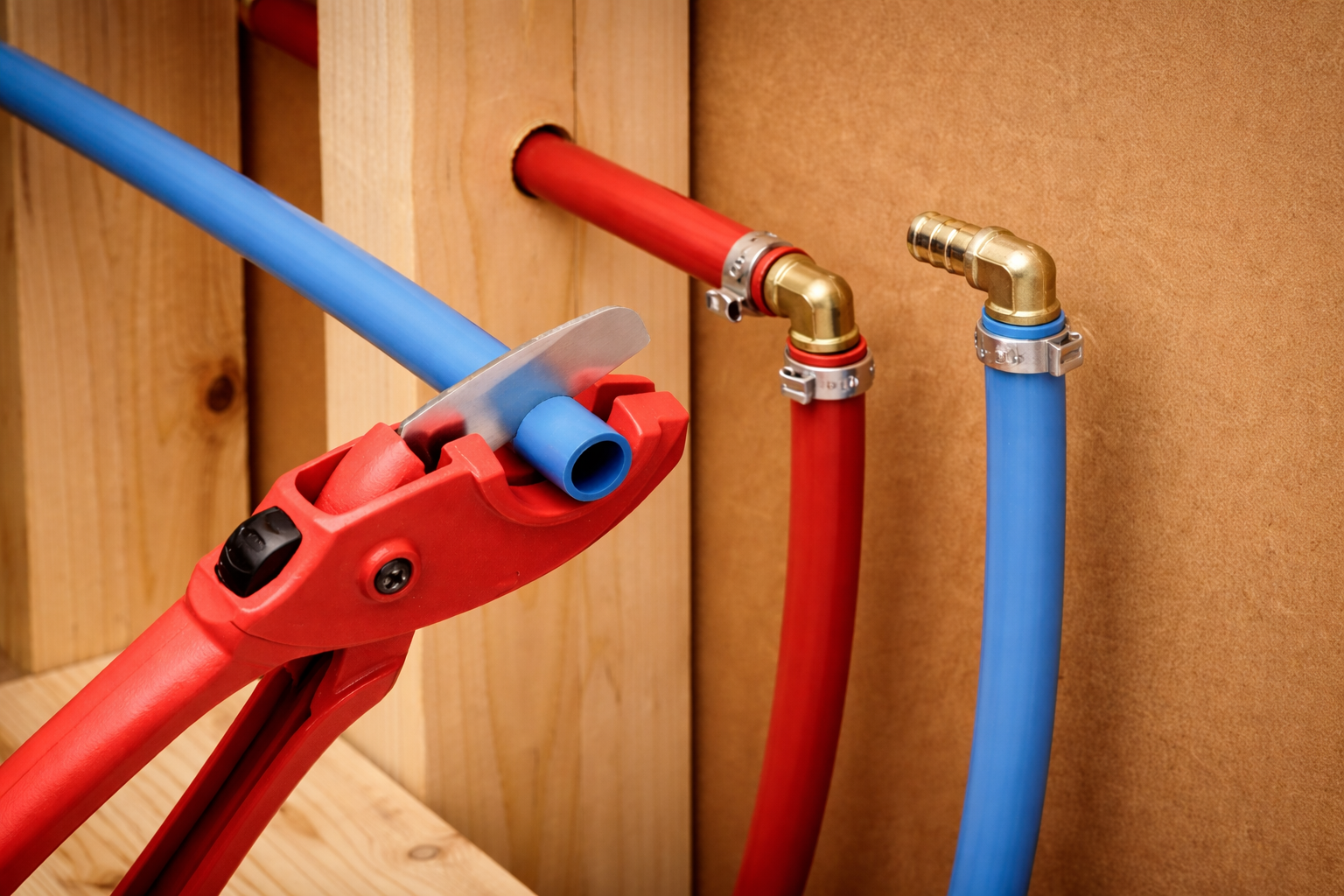 Close-up of red and blue PEX plumbing pipes with brass fittings, connected to a red crimping tool.