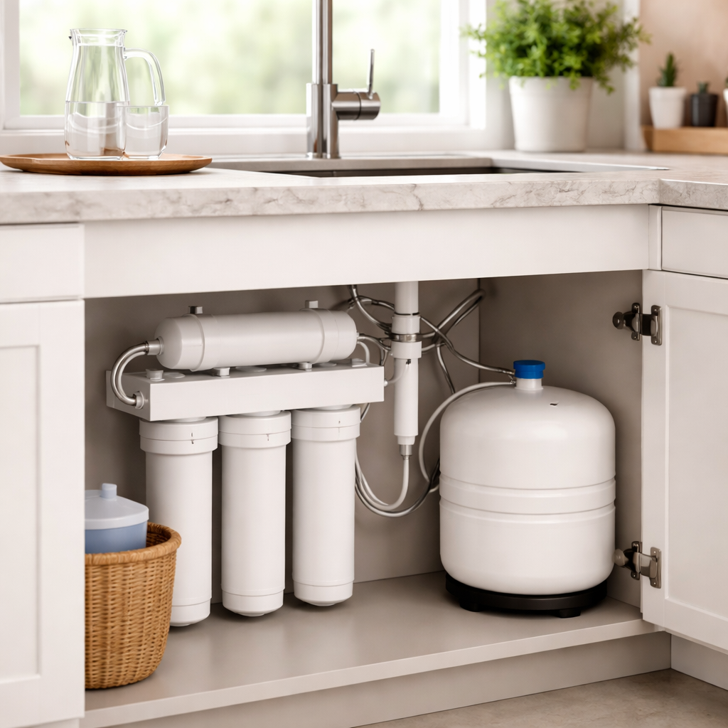 Under-sink water filtration system with filters, pipes, and a white reverse osmosis tank in a kitchen cabinet.