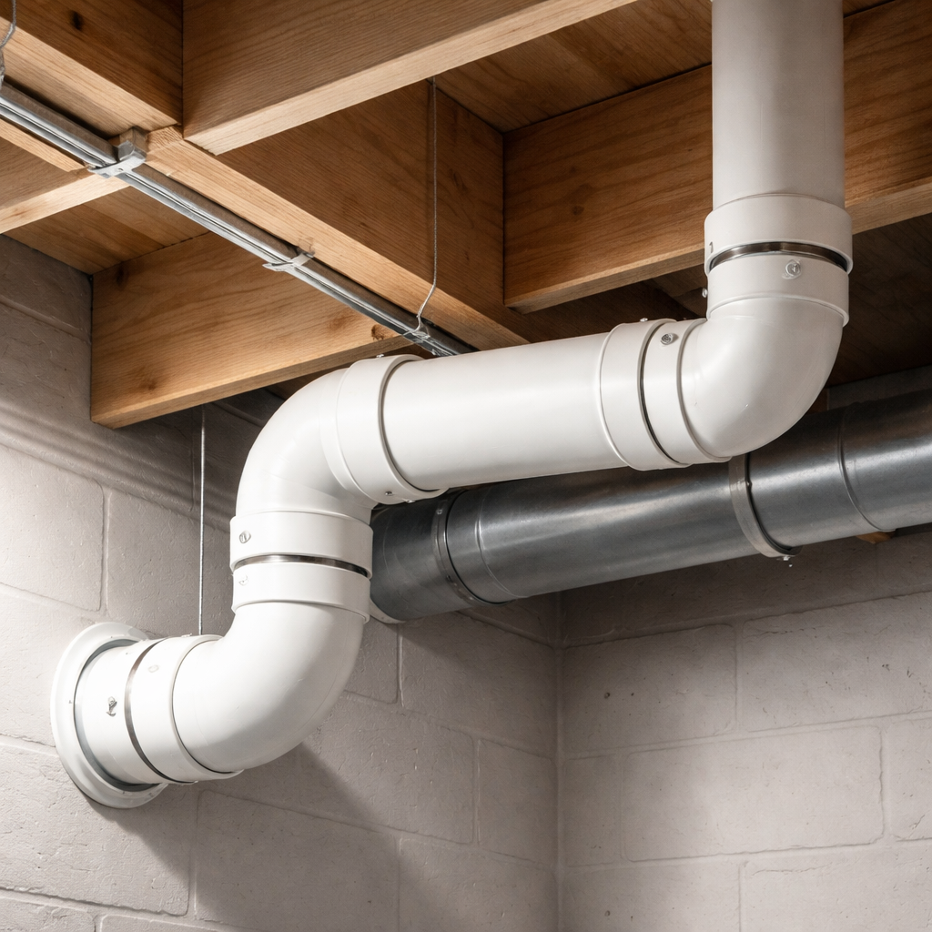 Indoor view of plumbing pipes, including a large white pipe and a metal pipe, against a concrete wall and wooden ceiling.