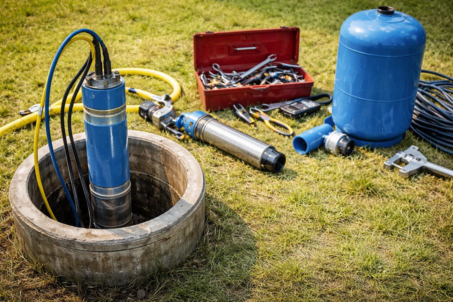 Water well pump system with various tools and equipment laid out on grass, including a blue pressure tank, pipes, wrenches, and a red toolbox.