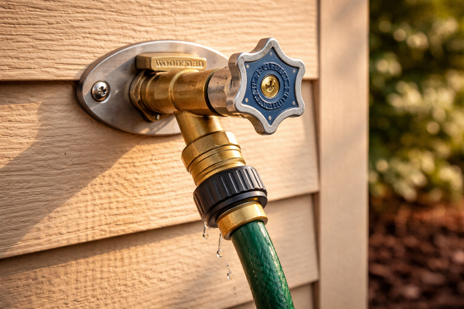 Close-up of a brass outdoor water faucet attached to a wooden exterior wall with a green garden hose connected, water dripping from the hose.