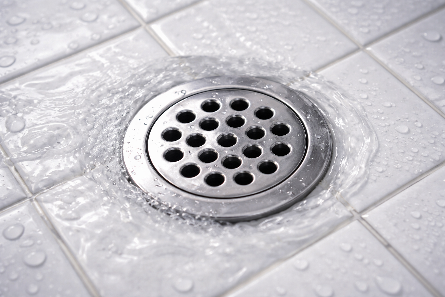 Stainless steel shower drain in a tiled shower with water and soap suds around it.