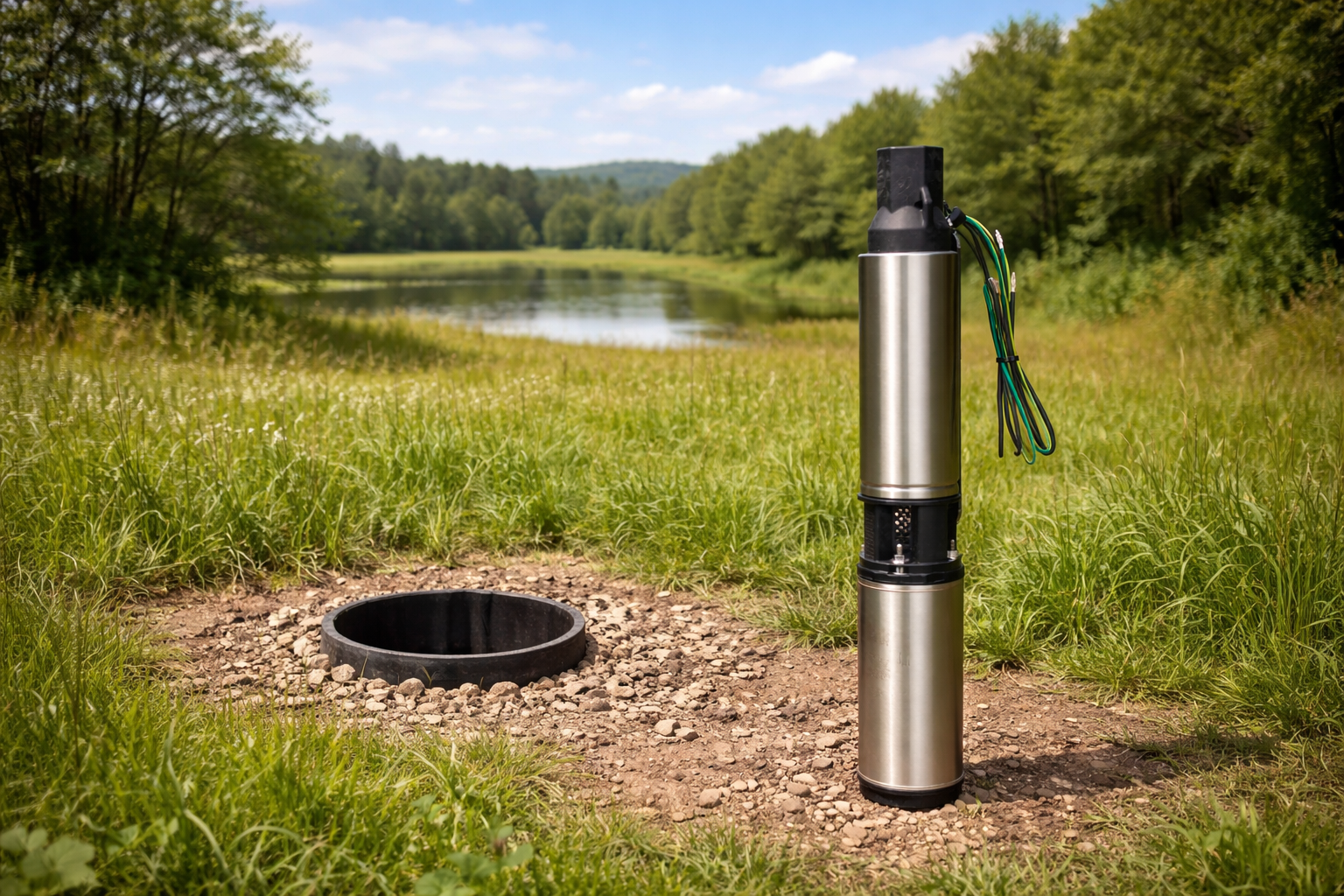 A submersible water pump installed in the ground near a pond in a lush green field with trees and blue sky in the background.
