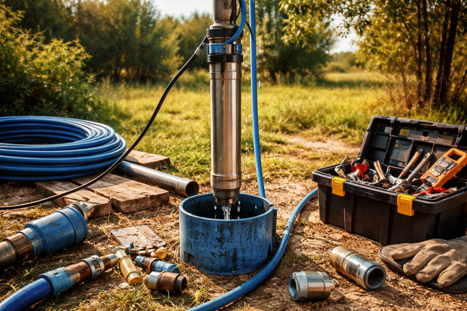 A well pump installed outdoors with various tools and equipment nearby on the ground, overlooking a field and trees.