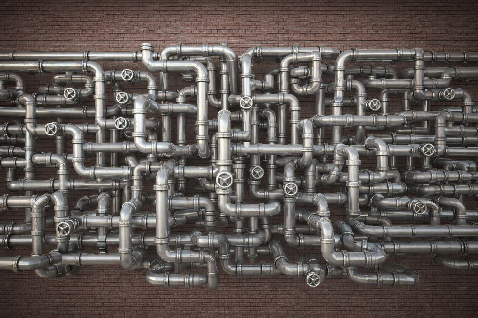 A wall of interwoven metal pipes against a brick wall.
