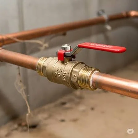 A brass shut-off valve connected to copper pipes in a plumbing system.