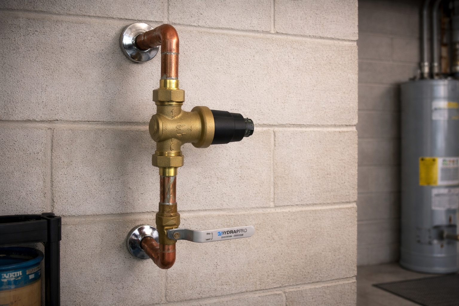 A plumbing system with copper pipes and a brass valve attached to a beige cinder block wall. The valve is labeled 'HYDRAPRO' and connected to a black component. In the background, there is a water heater on the right side.