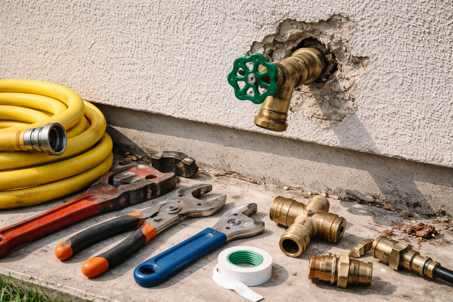 Yellow garden hose, adjustable wrenches, pliers, white Teflon tape, and brass plumbing fittings on concrete near a house wall with an exposed water spigot.