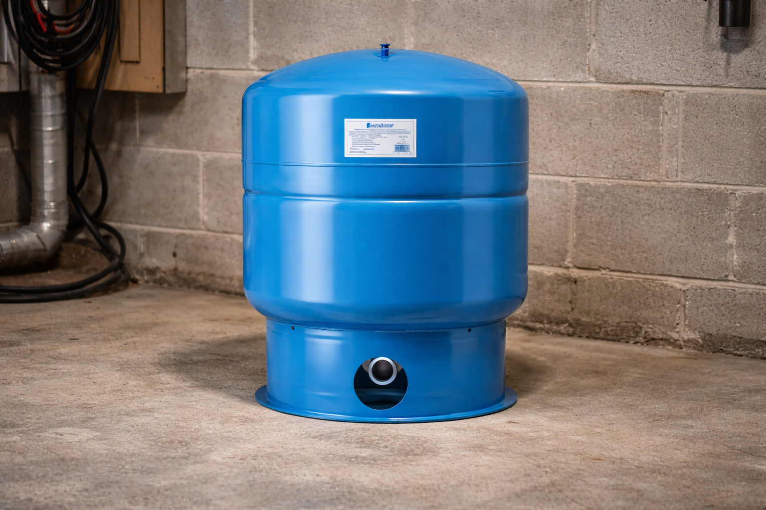 Blue water pressure tank in a basement with concrete walls and floor, with some pipes and cables nearby.