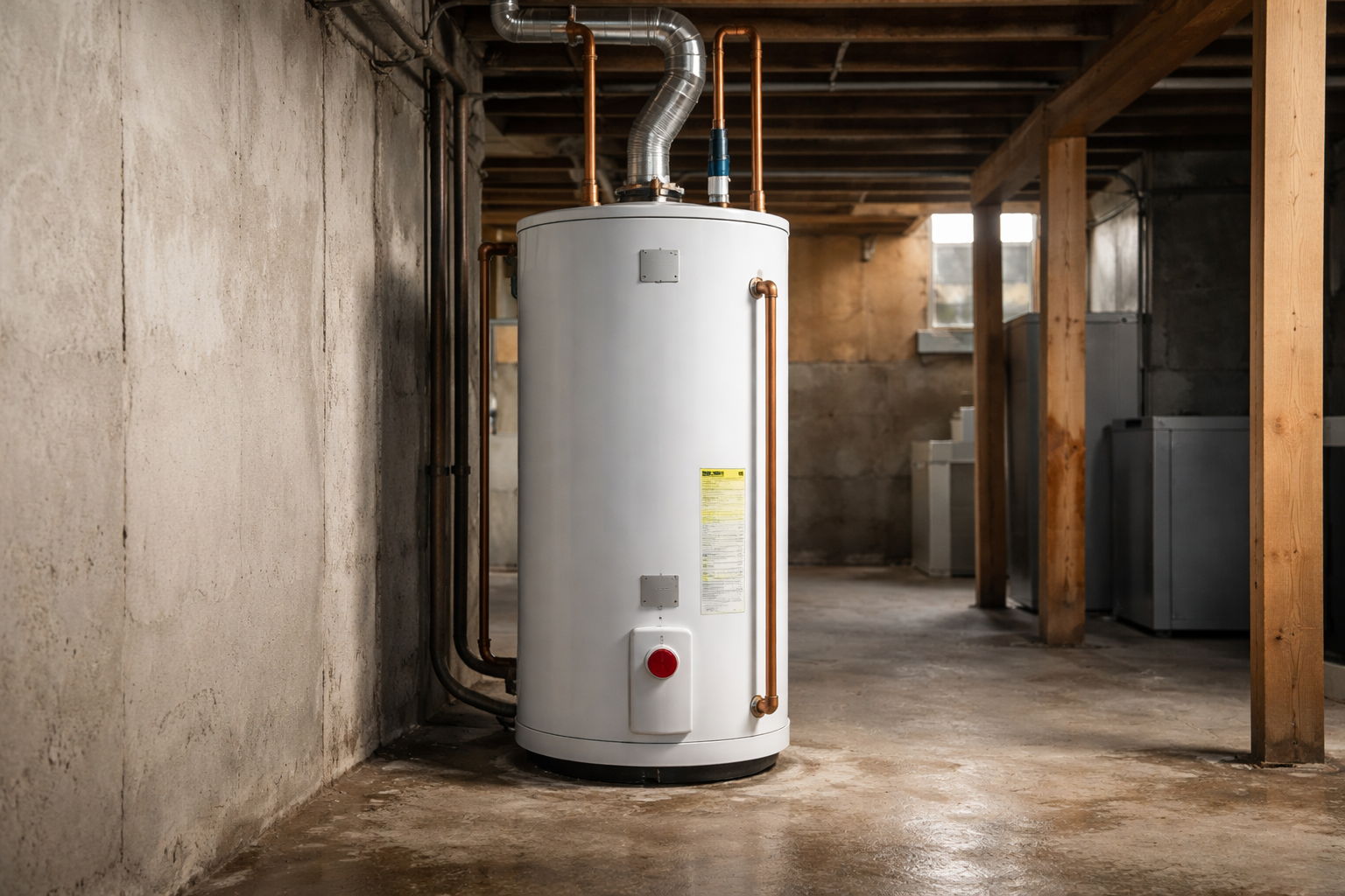 A white water heater with copper pipes and a vent pipe in a basement with unfinished concrete walls and floor, and laundry appliances in the background.