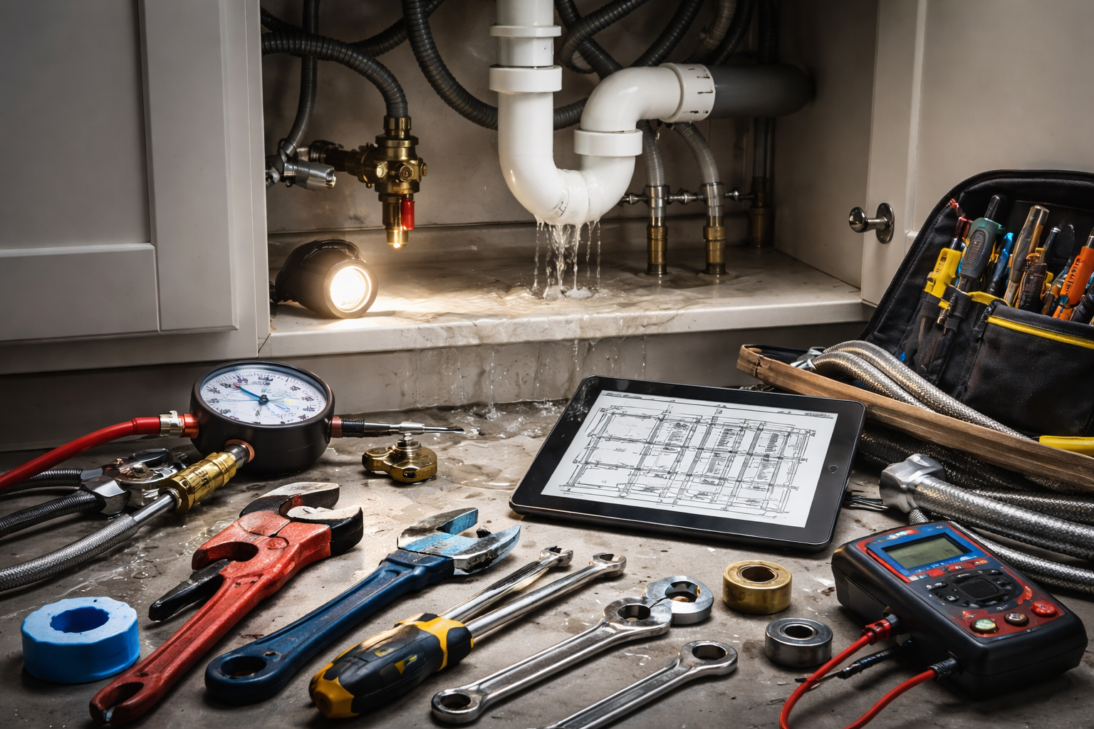 Plumbing repair tools and equipment on a floor beneath a kitchen sink, with water leaking from plumbing pipes. Items include wrenches, a pressure gauge, a digital multimeter, screwdrivers, a tablet displaying plumbing blueprints, and tool bags.