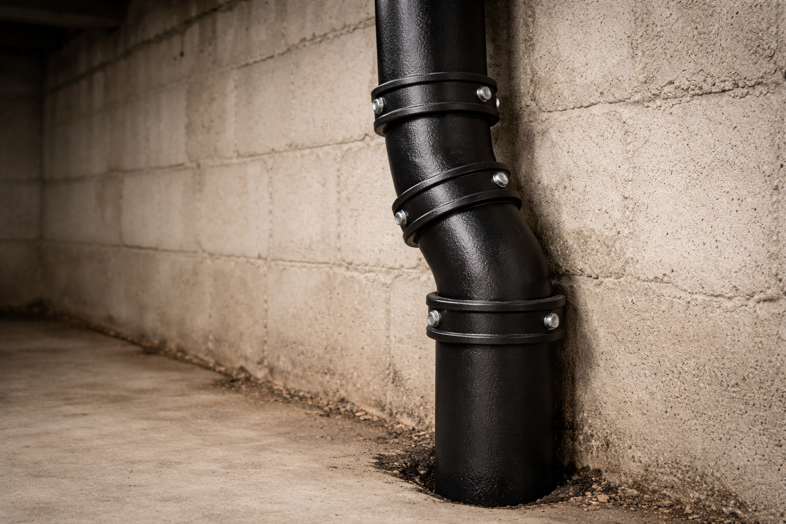 Black PVC pipe with metal mounting brackets running along a cinder block wall