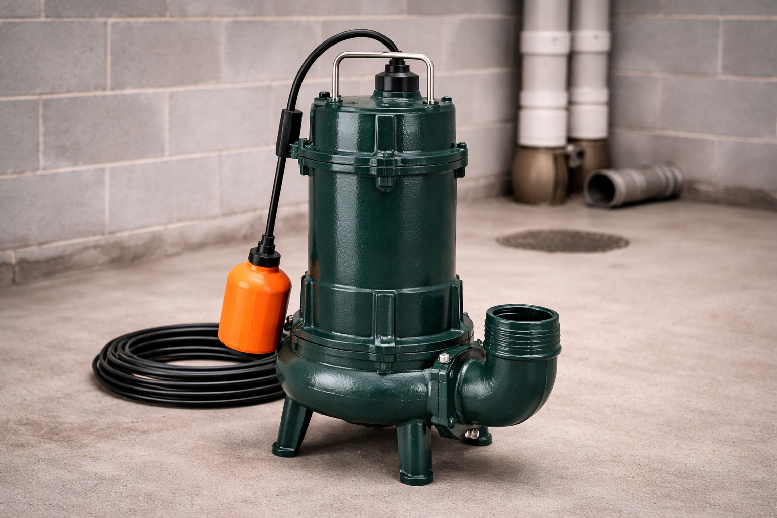 Green submersible pump with black power cord and orange float switch on a concrete floor near a gray brick wall.