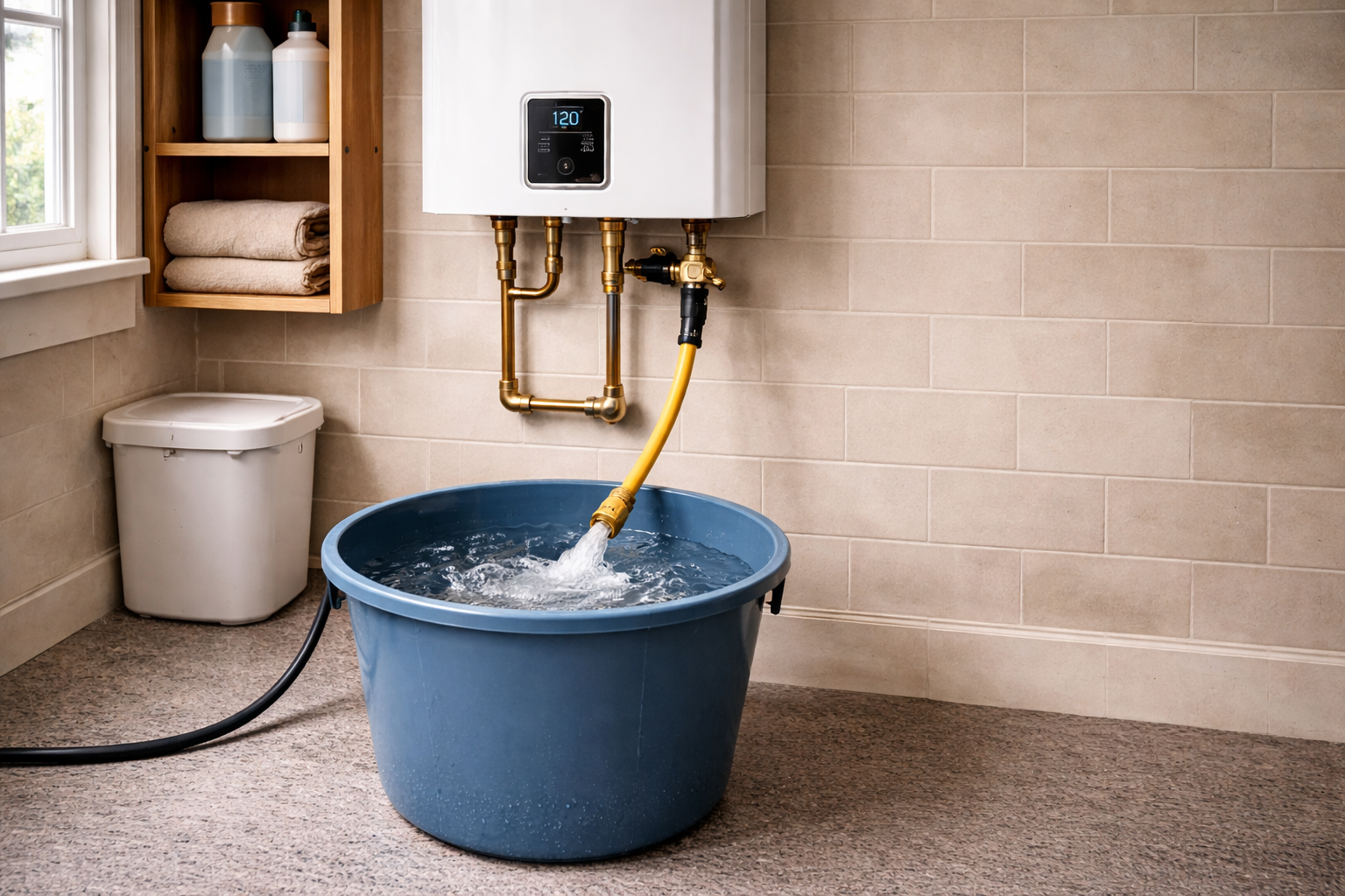 A laundry room with a water heater, a blue tub filled with water, and a window. There is a wooden cabinet with towels and bottles, and a white trash bin.