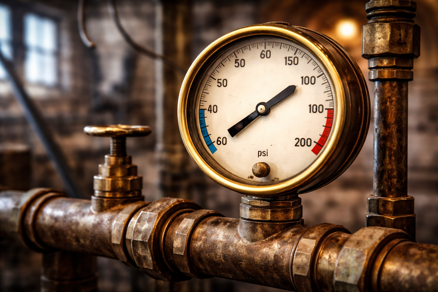 Close-up of a vintage pressure gauge showing approximately 90 psi, connected to rusty pipes in an industrial setting.