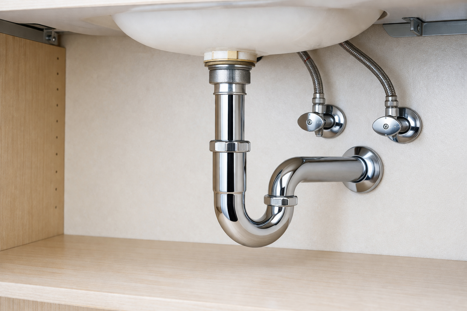 Close-up of a kitchen sink drain pipe, with copper piping and two flexible water supply lines, installed under a stainless steel sink on a wooden cabinet.
