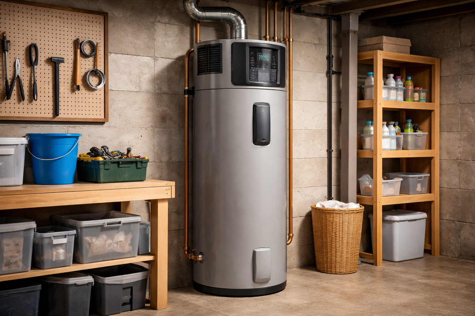A utility room with a water heater, wooden shelves with plastic storage bins, a workbench with tools, and various cleaning supplies.