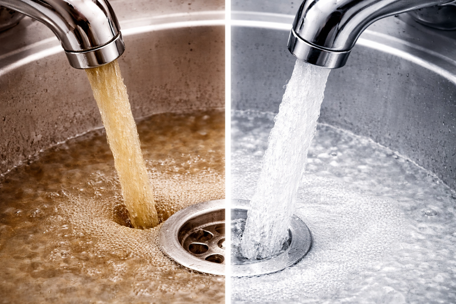 Side-by-side comparison of kitchen sinks with running water; the left sink has brown water, and the right sink has clear water.