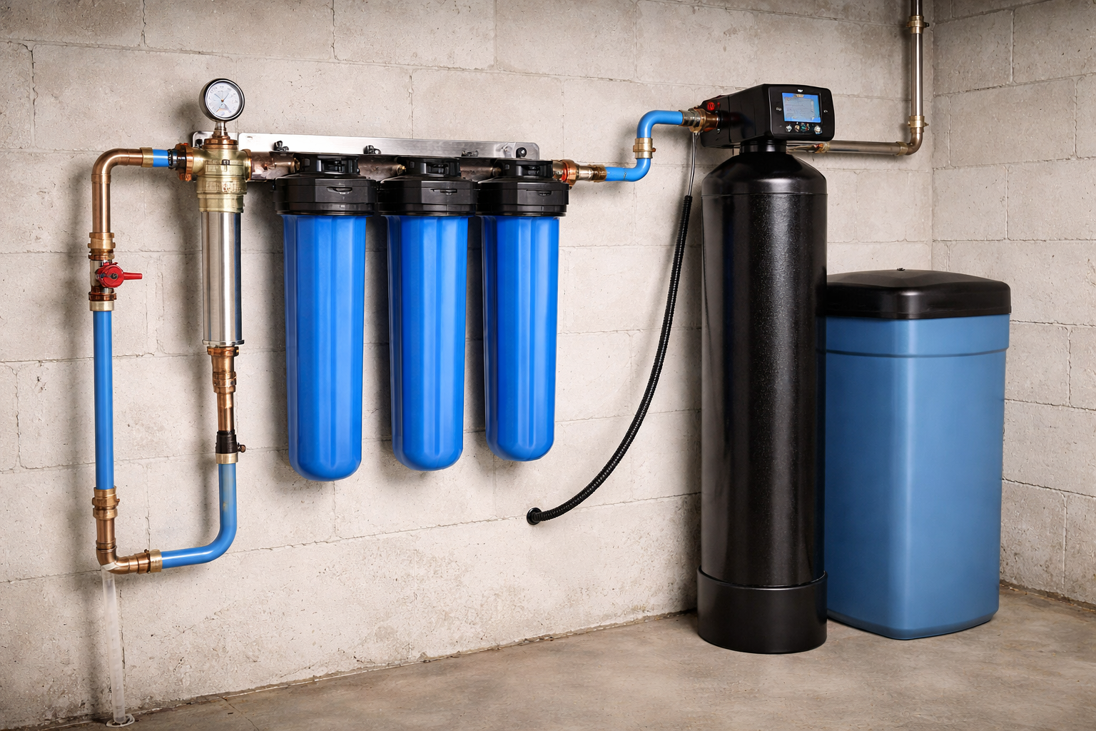 Water filtration system with blue filters, black tank, and blue softener unit installed on a concrete wall in a basement