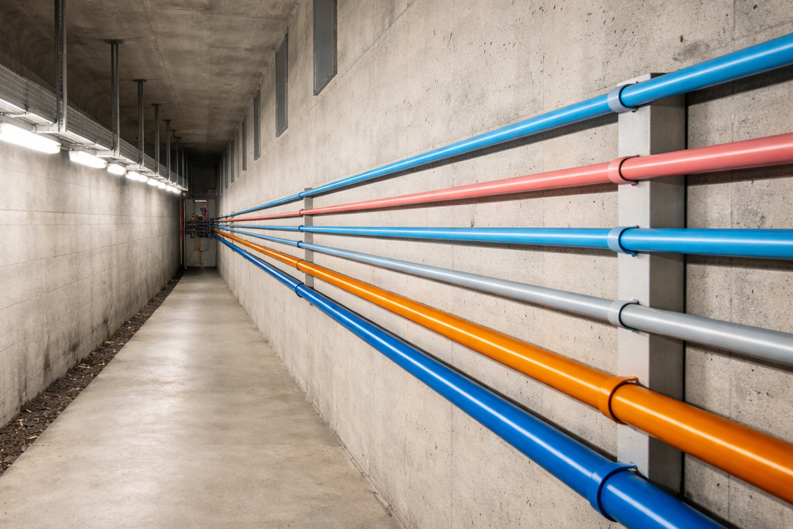 Color-coded pipes running along a concrete wall in a tunnel or underground passage.