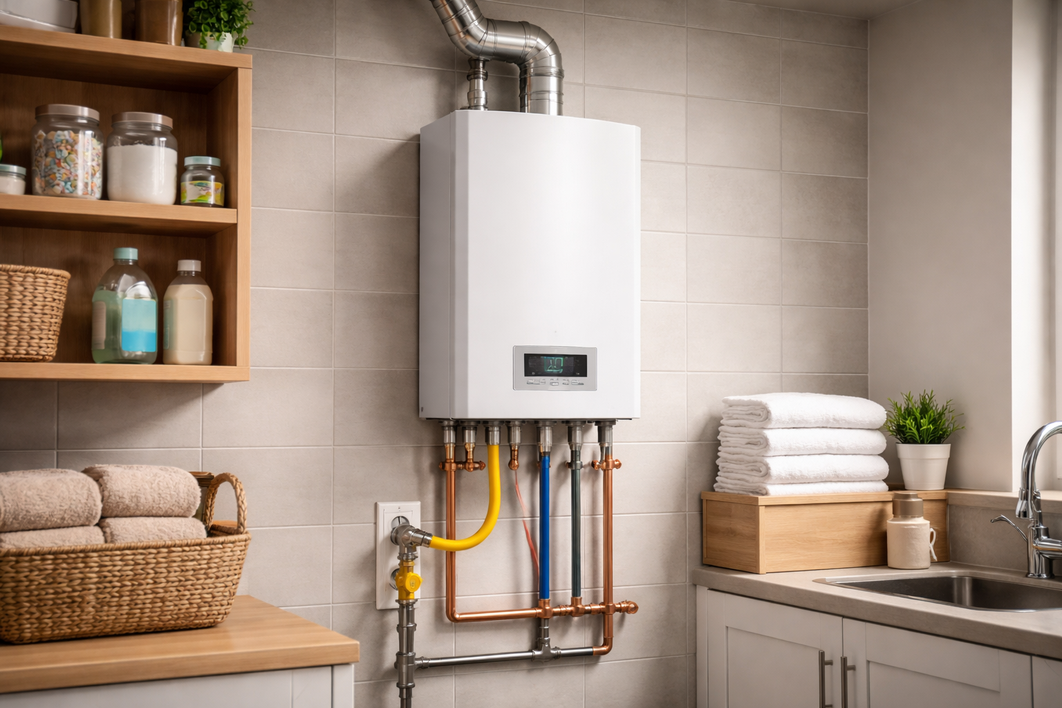 A modern utility room with a wall-mounted boiler, plumbing pipes, shelves with jars and bottles, a basket with towels, a countertop with folded towels, a potted plant, and a kitchen sink.