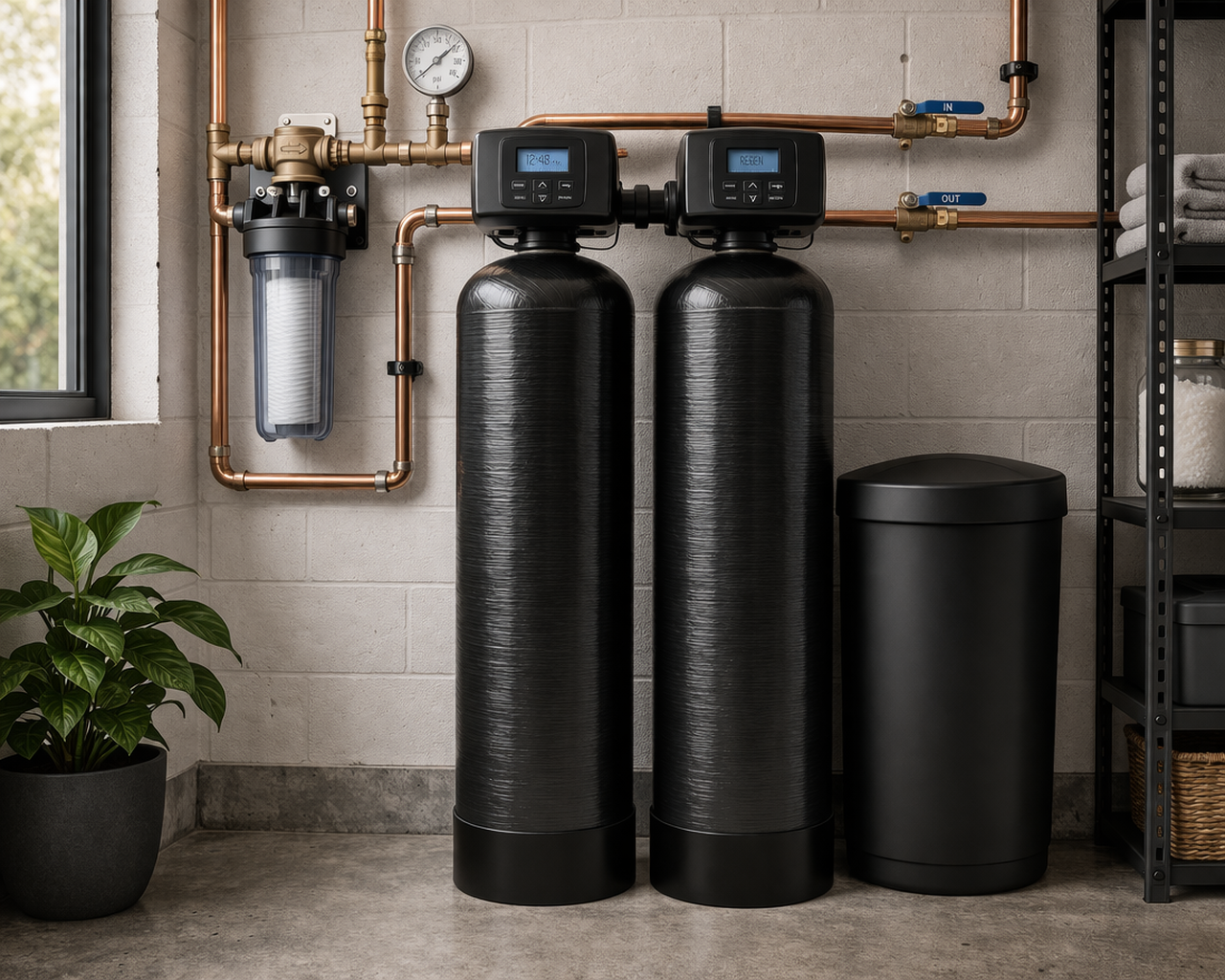 Home water filtration system with two black tanks, copper pipes, pressure gauge, and a filter, installed on a wall near a window, with storage shelves and a plant nearby.