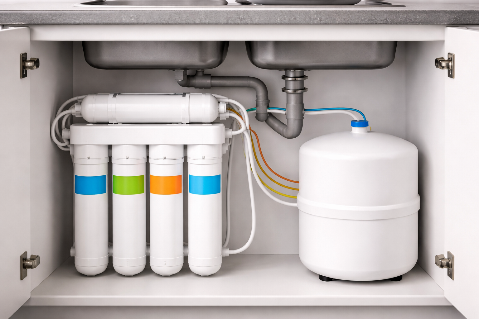 Under-sink reverse osmosis water filtration system with four color-coded filters and storage tank