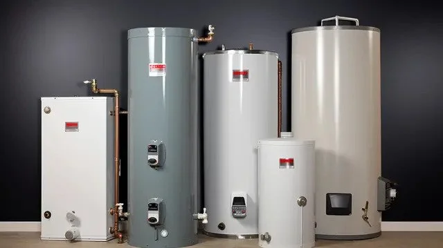 Collection of five water heaters or boilers of different sizes and colors, arranged against a dark background.