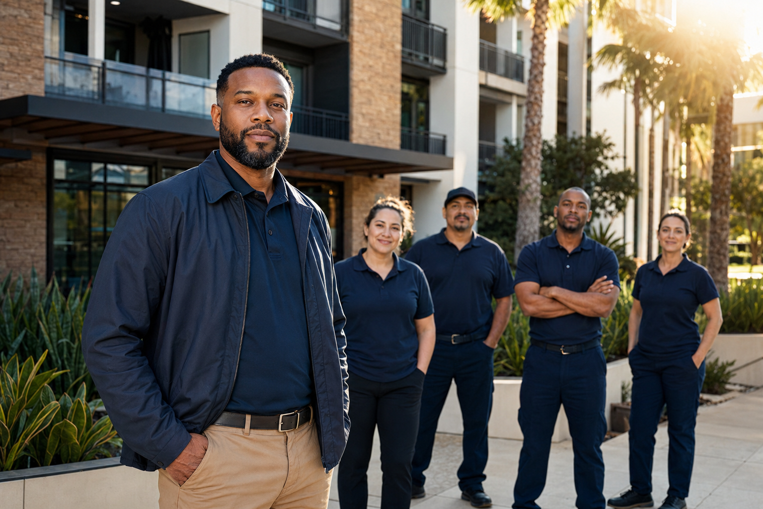 A diverse group of five people, three men and two women, standing outdoors in front of a modern apartment building with palm trees, smiling and posing for the photo. The person in the front is a man with a beard and short hair, wearing a navy jacket and beige pants.