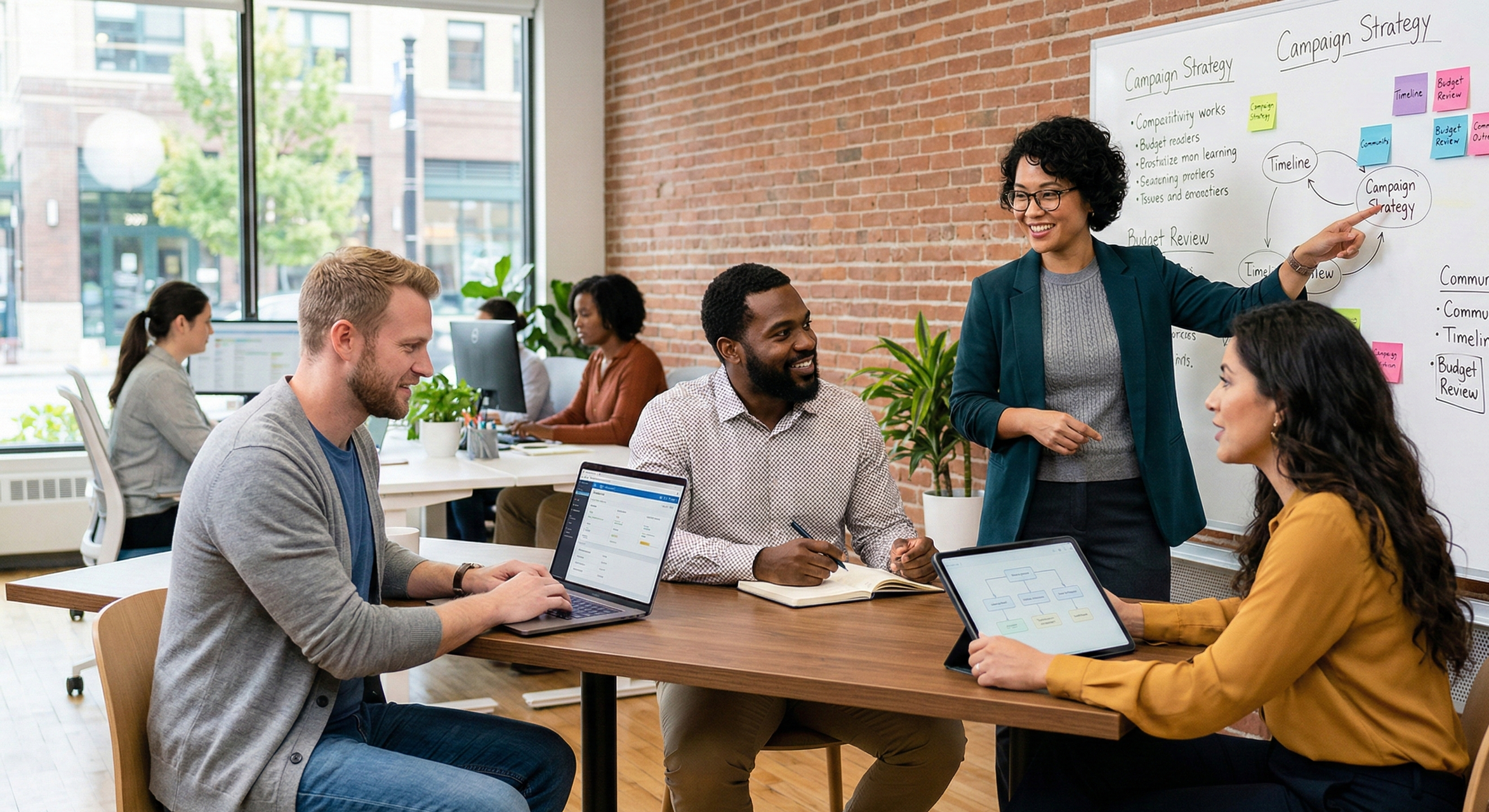 A group of colleagues in a meeting room with a whiteboard, discussing campaign strategy. One woman stands by the whiteboard pointing at notes, while three others sit at a table with laptops and tablets, engaged in the discussion.